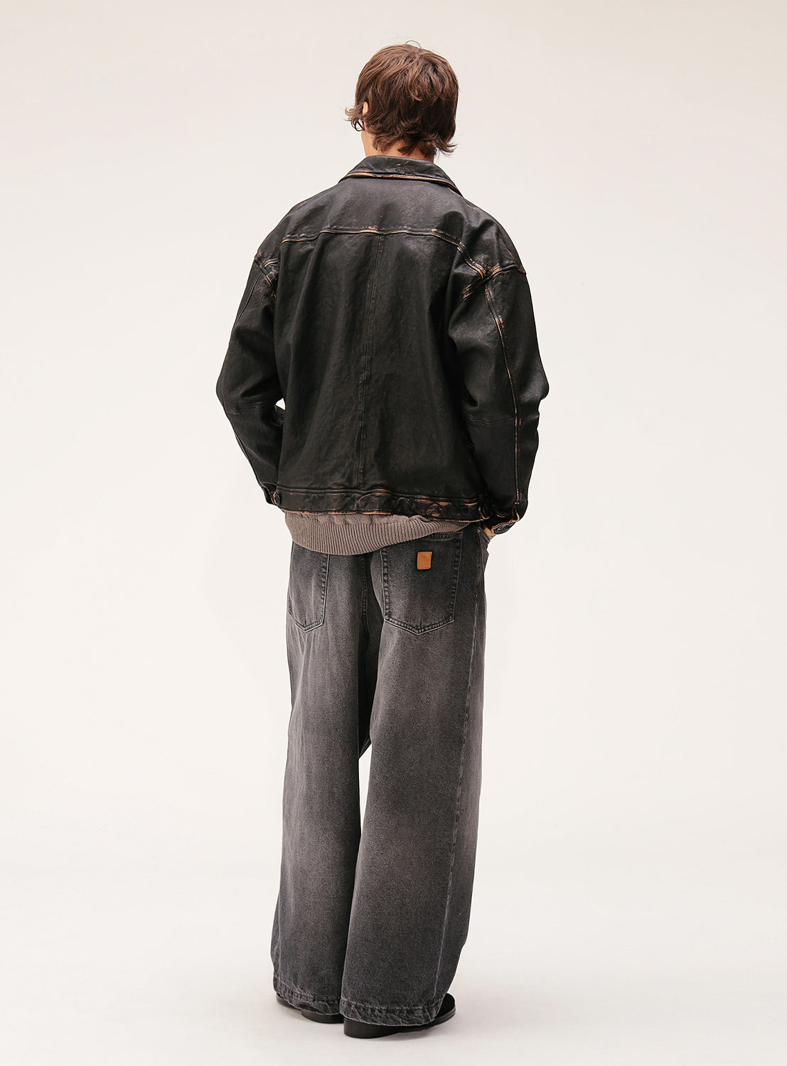 Wide Fit Distressed Leather Zip Jacket
