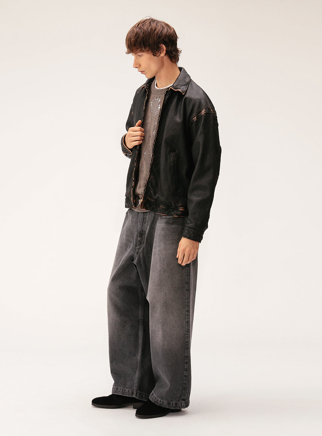 Wide Fit Distressed Leather Zip Jacket