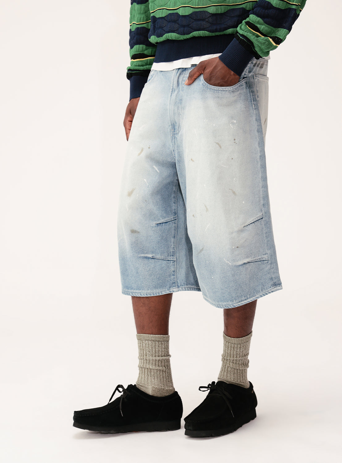 Wide Paint Denim Three Quarters Pants