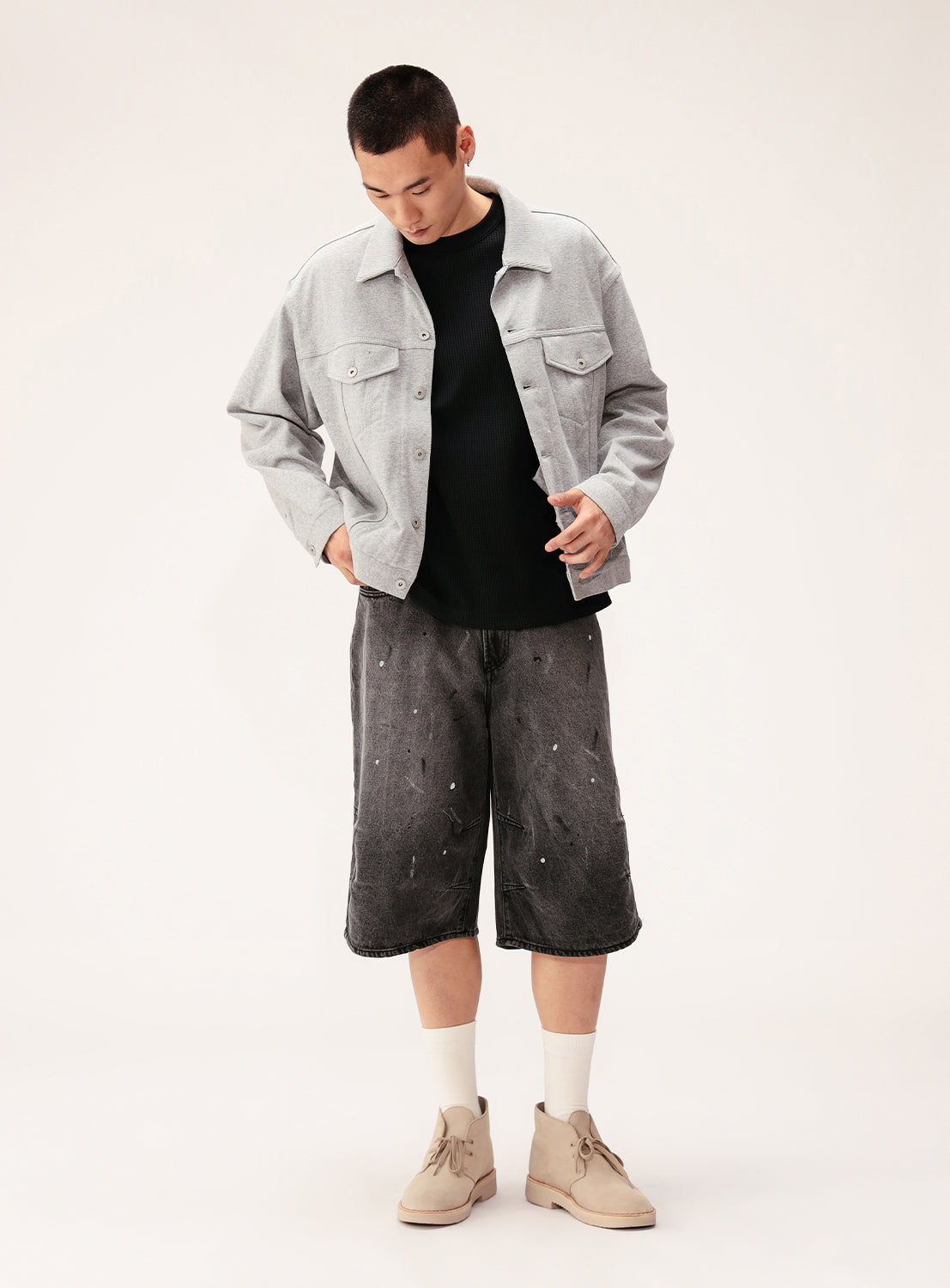 Wide Paint Denim Three Quarters Pants