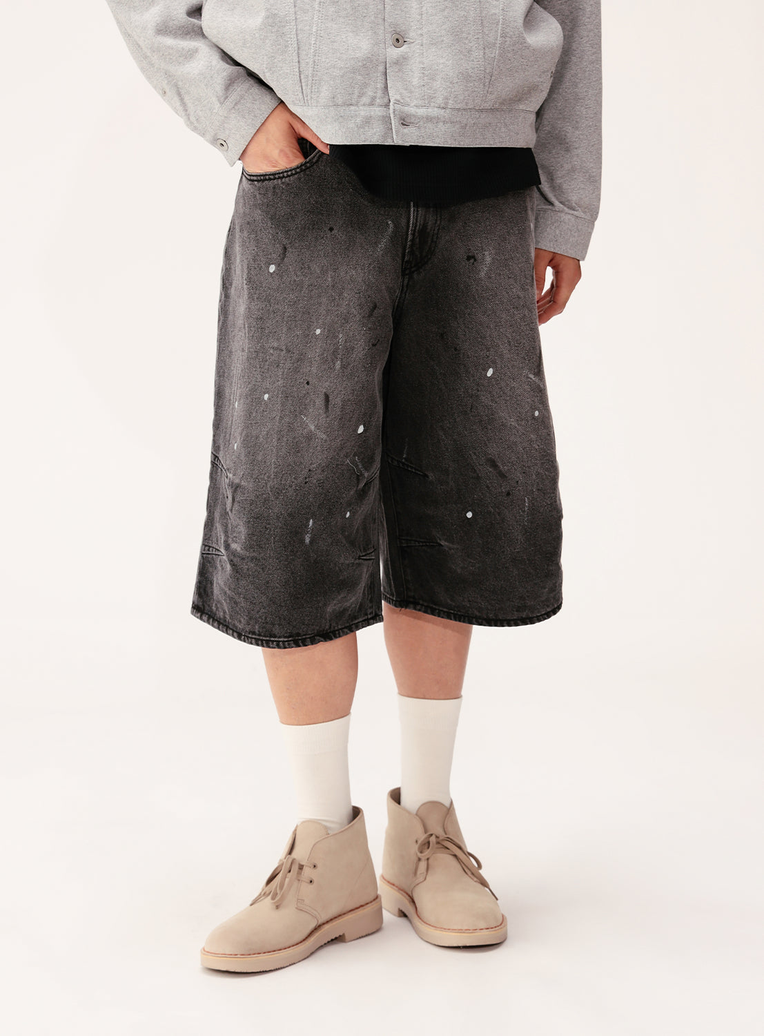 Wide Paint Denim Three Quarters Pants