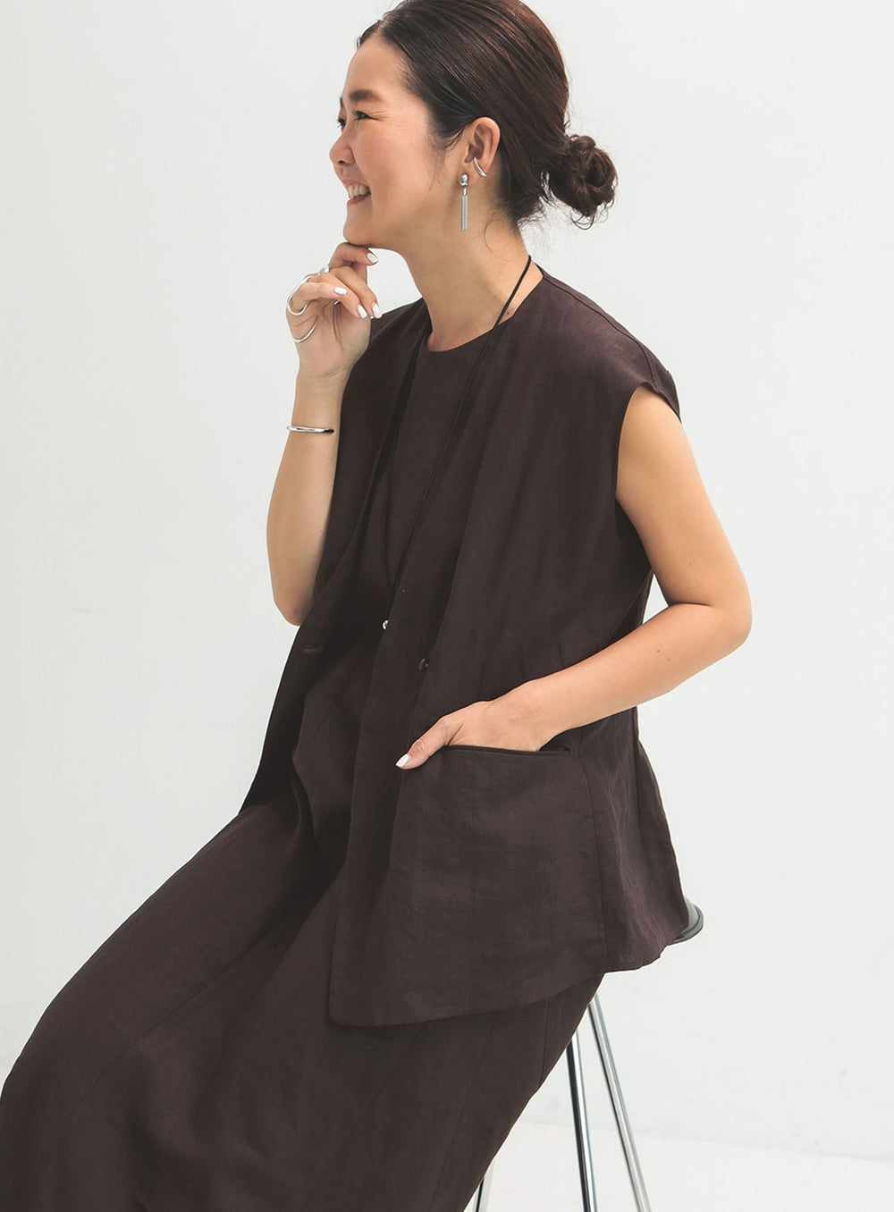 Linen Wrap Vest Blouse .M