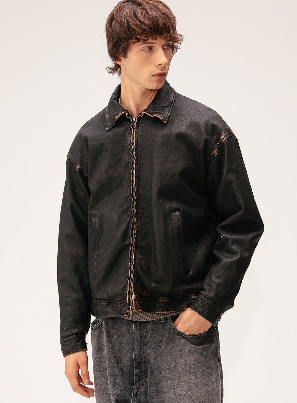 Wide Fit Distressed Leather Zip Jacket