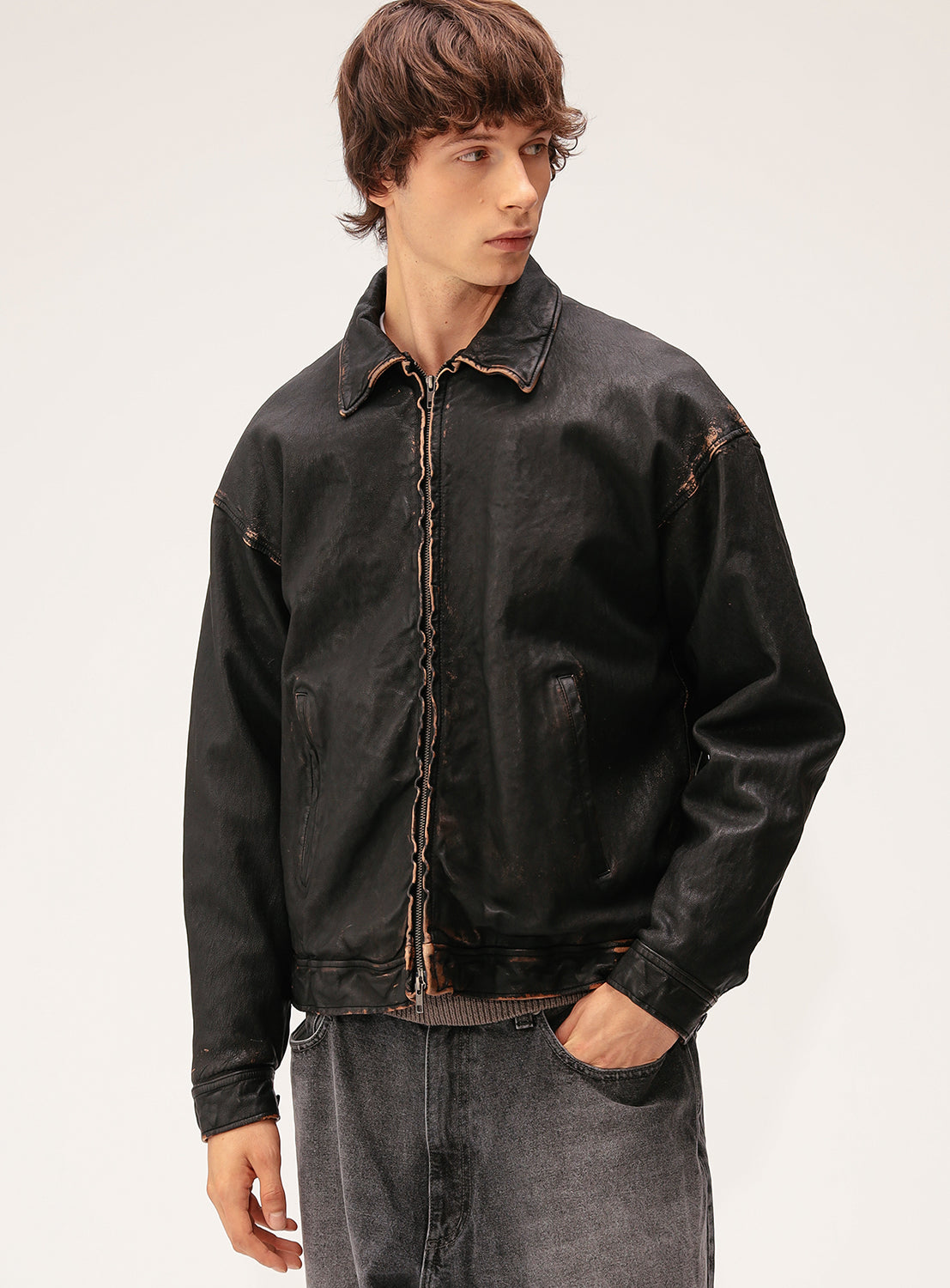 Wide Fit Distressed Leather Zip Jacket