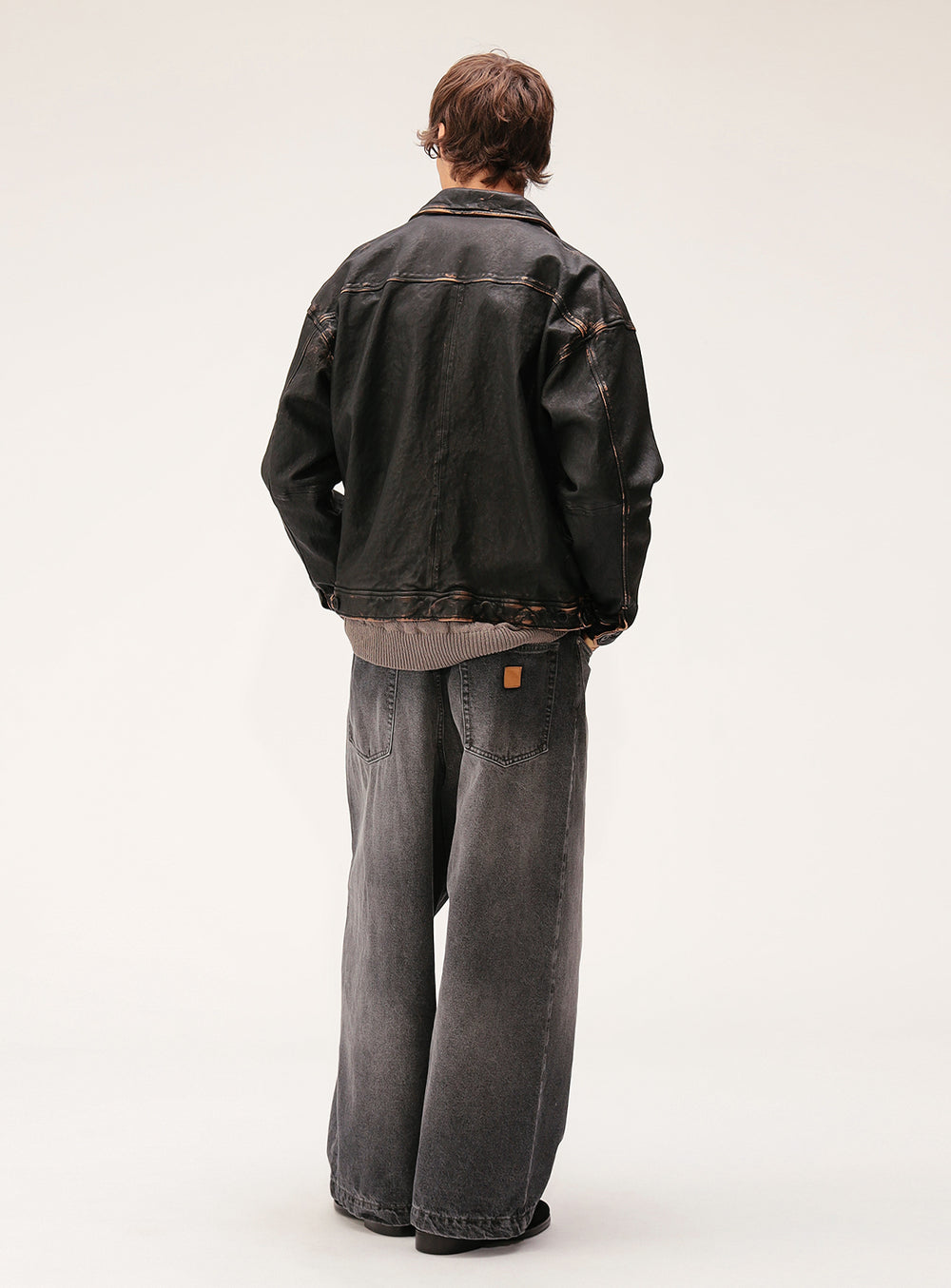 Wide Fit Distressed Leather Zip Jacket