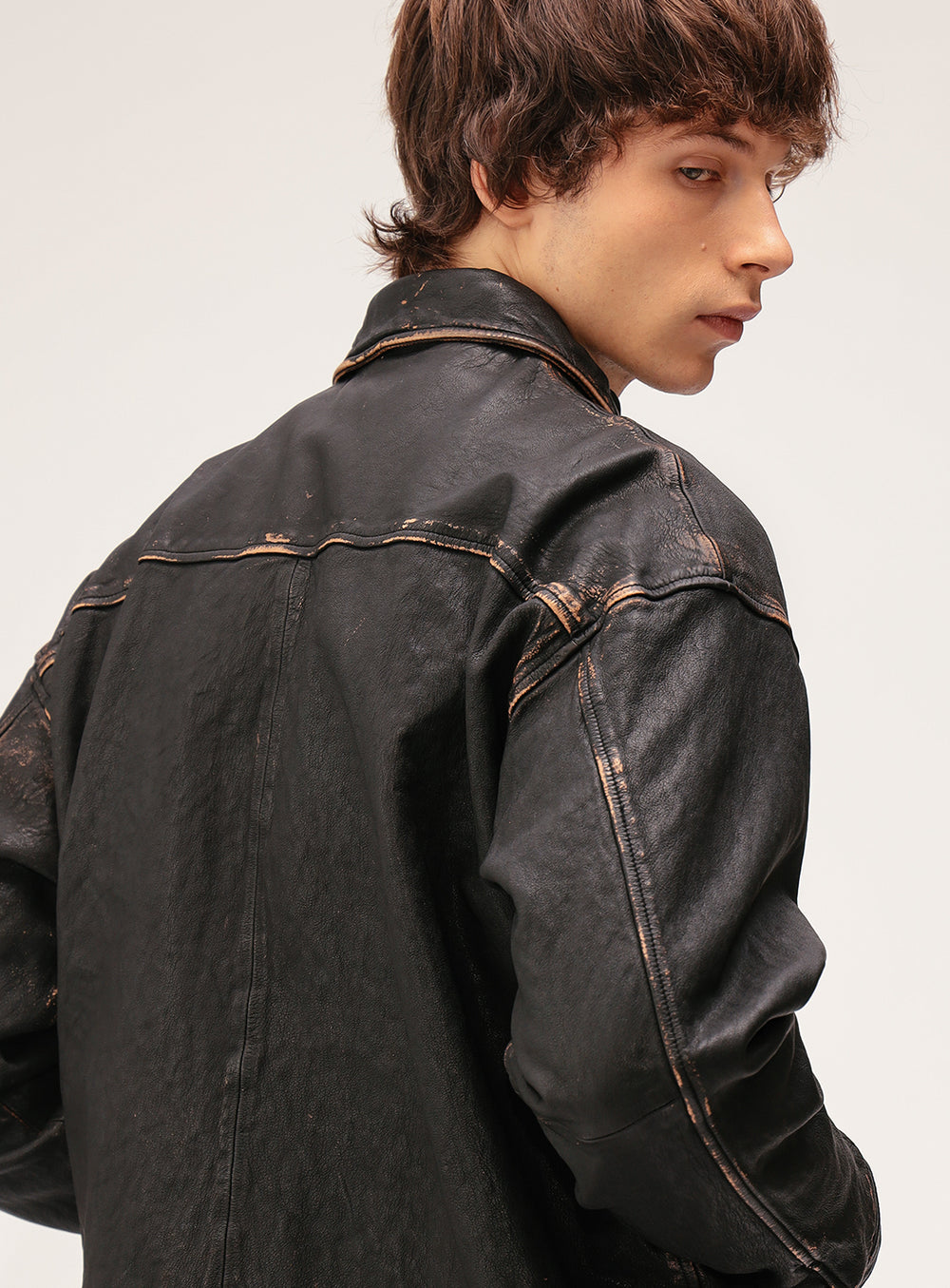 Wide Fit Distressed Leather Zip Jacket