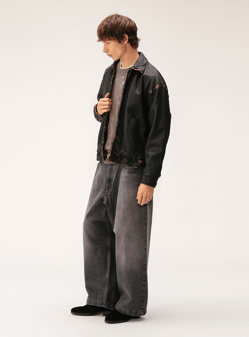 Wide Fit Distressed Leather Zip Jacket