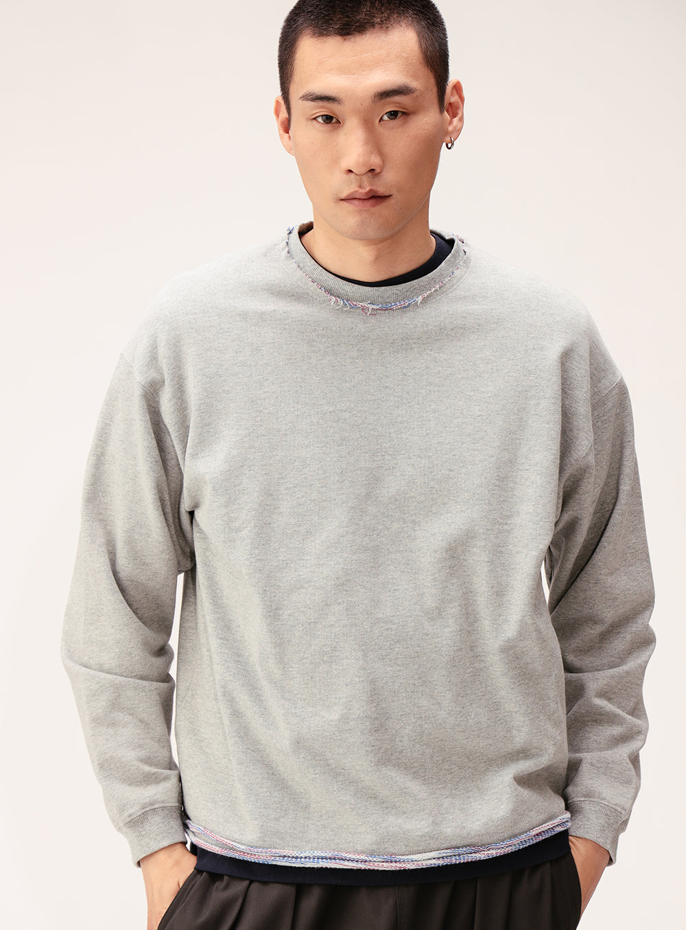 Kasuri-Dyed Cut-Off Crew Neck Sweatshirt