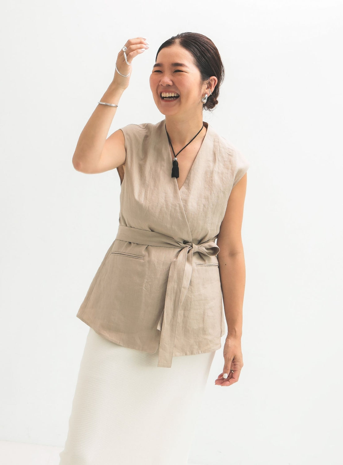 Linen Wrap Vest Blouse .M