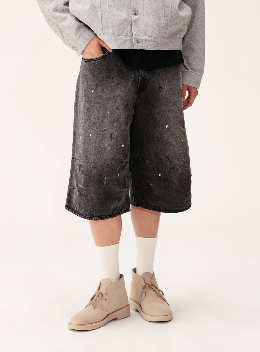 Wide Paint Denim Three Quarters Pants